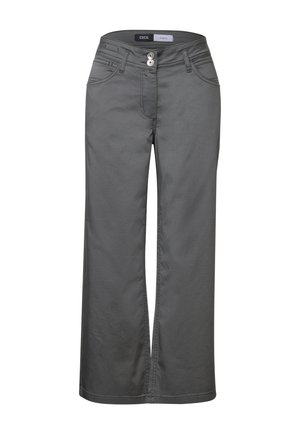 Pantaloni larghi grigi in misto cotone, dotati di tasche frontali, chiusura a due bottoni e dettagli cuciti sulla vita.