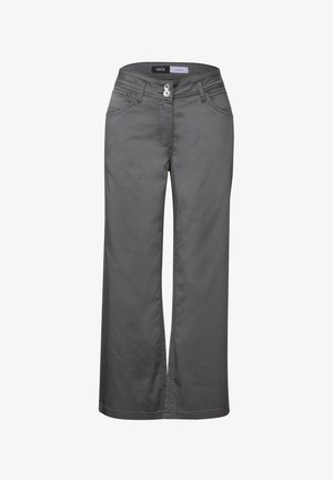 Graue weit geschnittene Hose aus Baumwollmischung, mit Fronttaschen, zwei Knopfverschluss und genähten Details am Bündchen.