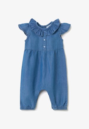 Combinaison en denim avec col volanté et manches courtes. Couleur bleu clair, fermeture à boutons à l'avant, et poignets élastiqués aux chevilles.