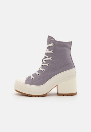 Lila Canvas-Ankle-Boots mit einer weißen Gummispitze und einem kontrastierenden weißen Blockabsatz. Sie verfügen über cremefarbene Schnürsenkel und eine strukturierte Sohle.