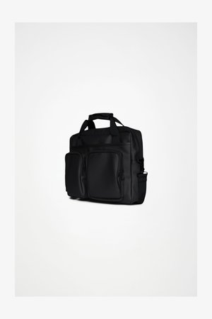 Must sülearvutikott, millel on sile välimus, kaks esikäega tõmblukuga taskut, pealt käepidemed ja üks õlarihm. Ristkülikukujuline.