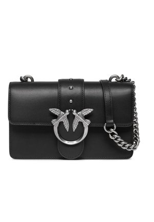 Borsa a mano in pelle nera con tracolla a catena argentata e fibbia argentata con due uccelli dettagliati che si guardano.
