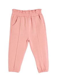 Pantalones rosas elásticos con una cinturilla con volantes, dos bolsillos laterales y pliegues cosidos en la parte delantera. Los puños son elásticos.