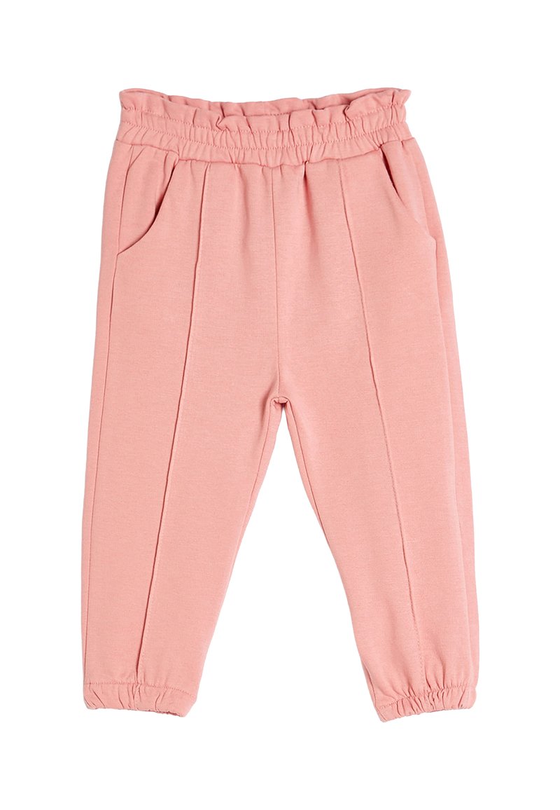 Pantalones rosas elásticos con una cinturilla con volantes, dos bolsillos laterales y pliegues cosidos en la parte delantera. Los puños son elásticos.