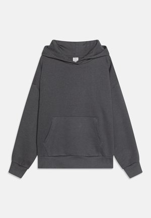 Dark gray pullover hoodie with long sleeves, front kangaroo pocket, ribbed cuffs, and a loose cowl neck collar.