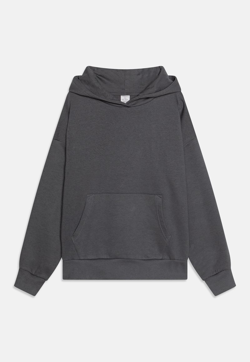 Sweat à capuche gris foncé, manches longues, poche kangourou devant, poignets côtelés et col boule ample.