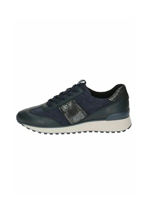 Navy blue sneakers featuring a mixture of smooth leather and textured suede, with a shiny black accent stripe and a white rubber sole.