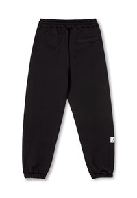 Zwarte sportieve broek van zacht materiaal, met een elastische tailleband, gemoffelde enkels en een klein achterzakje met logo-details.