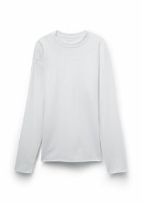 Lang�ärmliges weißes Baumwoll-T-Shirt mit Rundhalsausschnitt, lockerer Passform und abgesenkten Schultern; glatte Textur, ohne Muster oder Akzente.