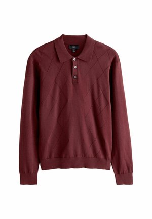 Pulover polos cu mânecă lungă, de culoare burgundă, fabricat dintr-un material tricotat moale, cu un model în diamant, guler și închidere cu trei nasturi.