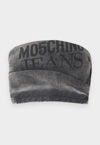 Mustmustest mustband koos tekstuurne viimistlus ja trükitud "MO5CHING JEANS" paksus. Omab sujuvat kõverat disaini ja õmblustega ääri.
