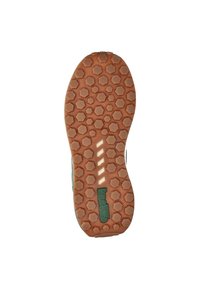 Schoenzool met een hexagonaal loopvlakpatroon, uitgevoerd in oranje rubber met een logo in het groen. Glad oppervlak met richels voor grip.