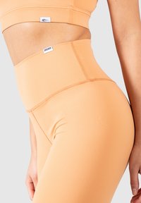 Ensemble de vêtements de sport de couleur pêche comprenant un top court et un legging taille haute, fabriqué dans un tissu lisse et extensible avec des détails de couture minimalistes.