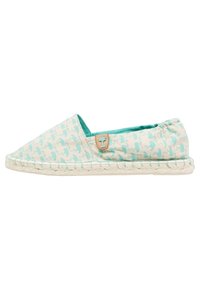 Scarpa slip-on in stile espadrilles, con tessuto beige chiaro e motivo turchese, etichetta decorativa color nocciola e suola in juta intrecciata.