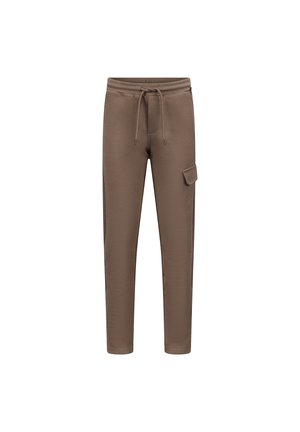 Pantalon de survêtement marron cintré avec taille à cordon et poche à rabat sur la cuisse droite sur fond blanc.