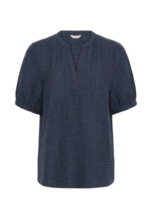 Blouse texturée bleu foncé à manches courtes avec col en V fendu et poignets froncés, présentée sur un fond blanc.