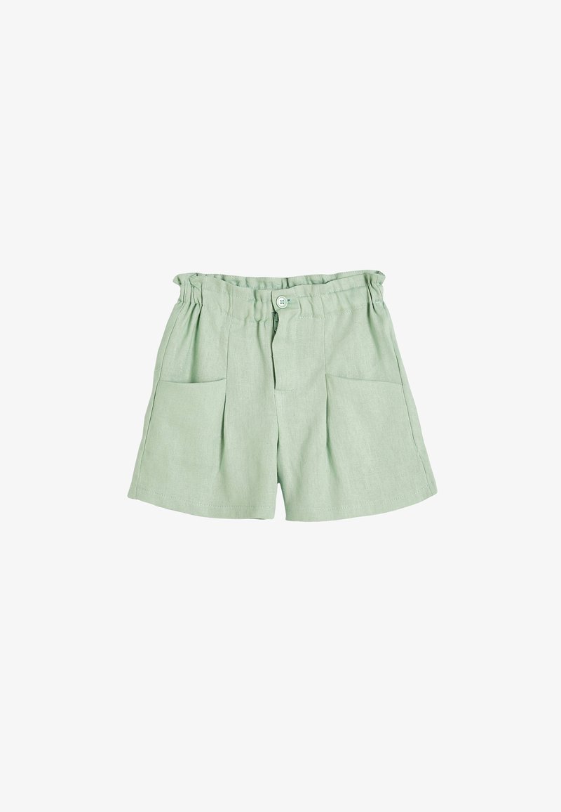 Pantaloni corti in lino verde con design plissettato, vita elastica e due tasche frontali. Texture morbida e lunghezza sopra il ginocchio.