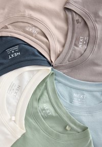 Seks pænt foldede mediumstore NEXT-mærkede t-shirts med regular fit i beige, brun, navy, hvid, grøn og lyseblå, arrangeret i en cirkel.