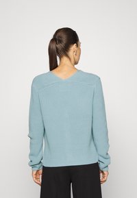 Hellblauer Strickpullover mit V-Ausschnitt und langen Ärmeln, mit gerippter Textur und lockerem Sitz. Rückansicht zeigt klare Linien.