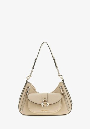 Borsa Guess in pelle beige con tasca frontale a patta, finiture in oro, tasche laterali con doppia cerniera e tracolla singola.
