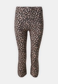Leopard print leggings with a fitted design, featuring a soft, stretchy fabric in shades of brown and black. Capris length, no visible hardware.