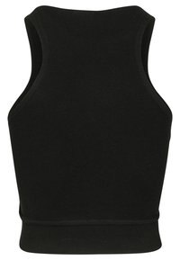 Svart ribbad linne med rundad halsringning och vida ärmhål, tillverkat av mjukt, elastiskt material med en figurnära siluett.