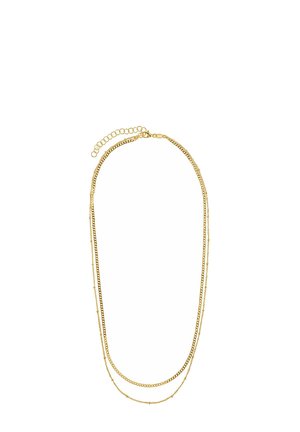 Mehrschichtige goldene Halskette mit verschiedenen Kettenstilen, darunter flache Glieder und zarte Perlenketten, mit einem verstellbaren Verschluss für die Länge.