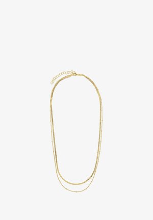 Mehrschichtige goldene Halskette mit verschiedenen Kettenstilen, darunter flache Glieder und zarte Perlenketten, mit einem verstellbaren Verschluss für die Länge.