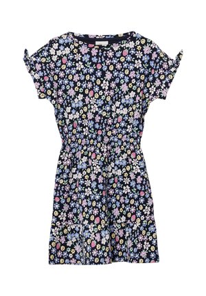 Granatowa sukienka dziewczęca z krótkim rękawem, ozdobiona wielokolorowym kwiatowym i truskawkowym wzorem, z elastyczną talią i falbanką na dole.