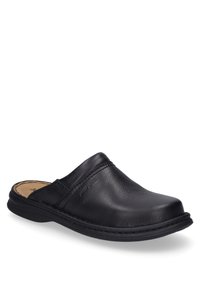 Black leather clogs with a smooth texture, round toe, and a slip-on design. Features a stitched upper and a soft inner lining.