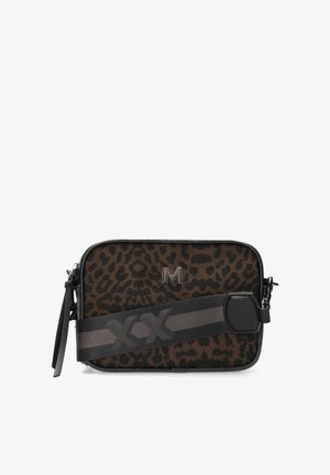 Rectangular crossbody bag with brown and black leopard print, black trim, metal "M" logo, and wide black strap with gray stripes and "XX" lettering.