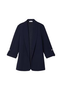 Blazer bleu marine avec col châle, manches trois-quarts et boutons aux poignets. Texture lisse, design à ouverture frontale, coupe ajustée.