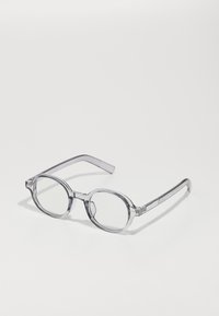 Transparent, round glasses with clear lenses; thick frame with a smooth texture; straight temples; minimalistic design.