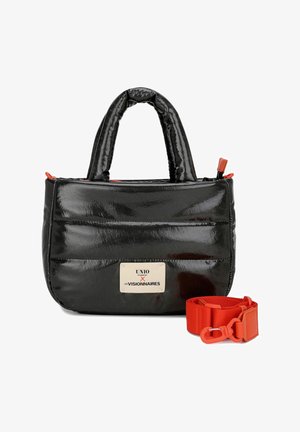 Black glossy handbag with puffy design, featuring short handles. Includes a removable red strap and a silver brand label on the front.