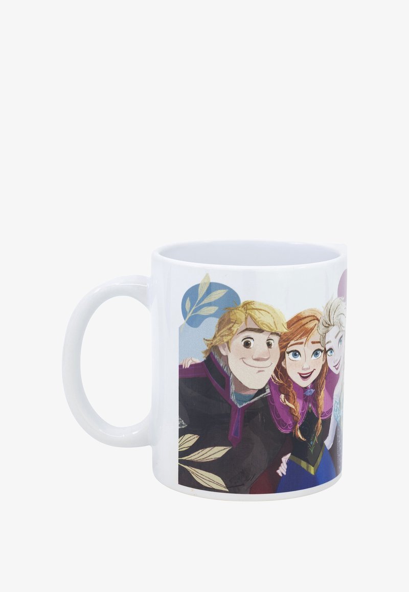 White ceramic mug featuring a colorful graphic of characters with blonde, brown, and white hair. Smooth surface, round shape with a grip handle.