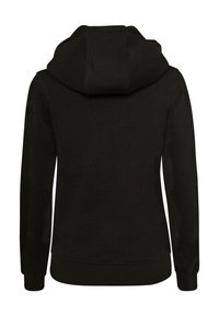 Black hooded sweatshirt with a soft texture, featuring a prominent hood, cuffs, and hem with ribbed detailing, no visible graphics or patterns.