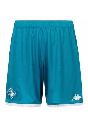 Shorts de sport bleus avec taille élastique, bordure blanche et logos sur les ourlets gauche et droit sur fond blanc.