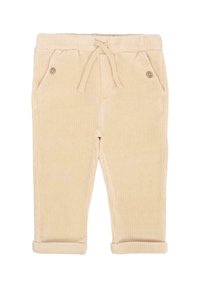 Beżowe spodnie z korduroy z elastycznym pasem, dwiema przednimi kieszeniami z guzikami i podwiniętymi nogawkami dla lepszego dopasowania.