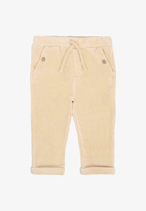 Beżowe spodnie z korduroy z elastycznym pasem, dwiema przednimi kieszeniami z guzikami i podwiniętymi nogawkami dla lepszego dopasowania.