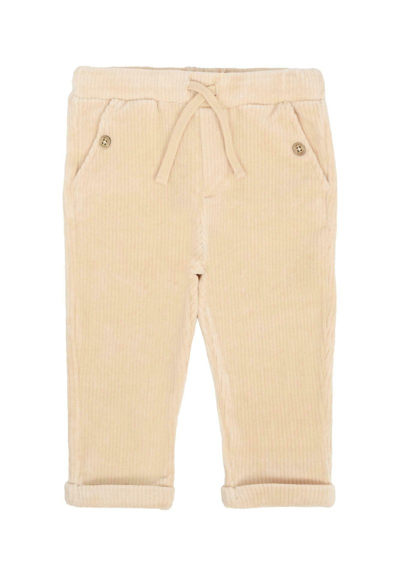Beżowe spodnie z korduroy z elastycznym pasem, dwiema przednimi kieszeniami z guzikami i podwiniętymi nogawkami dla lepszego dopasowania.
