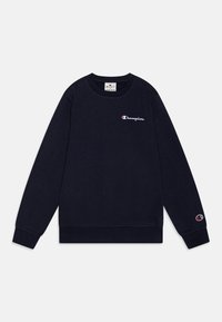 Felpa blu navy in misto cotone, con polsini e orlo a costine, collo rotondo e logo "Champion" ricamato sul petto e sulla manica.