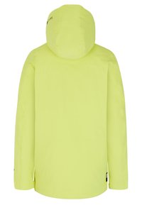 Veste imperméable jaune vif avec capuche, dotée de manches longues et d'une texture lisse. Inclut un détail de logo près de la couture de l'épaule.