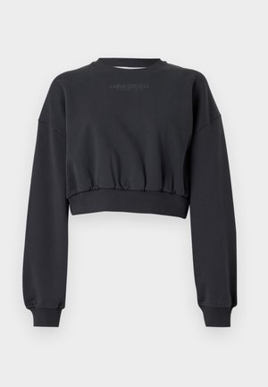 Schwarzer, kurzer Pullover mit geripptem Halsausschnitt und Bündchen. Text "CARLO COLUCCI" subtil in Grau aufgedruckt. Glatte Textur, lockere Ärmel.