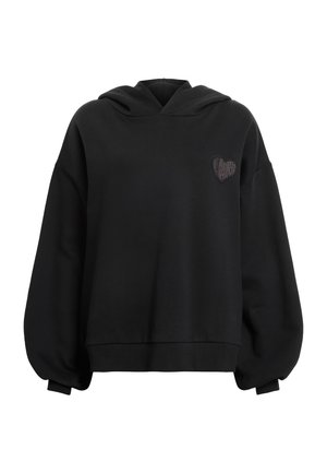 Czarna bluza z kapturem wykonana z miękkiego, grubego materiału. Posiada kieszeń z przodu oraz teksturowane logo serca na lewej piersi. Luźny krój z opadającymi ramionami.
