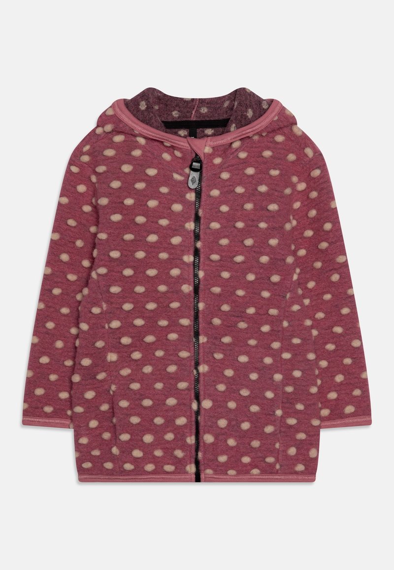 Veste à capuche en tissu rose doux avec des pois blancs, dotée d'une fermeture éclair à l'avant et d'un col contrastant. Design texturé, chaud et décontracté.