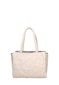 Borsa tote trapuntata bianca con una texture liscia, doppie maniglie e sottili motivi in rilievo. Interno foderato con tessuto marrone chiaro.