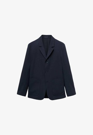 Marineblazer aus leichtem Material mit einem Reverskragen, langen Ärmeln, zwei vorderen Taschen und einer Drei-Knopf-Verschluss.