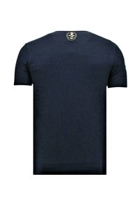 Marineblauw T-shirt gemaakt van zacht katoen, met een ronde hals, korte mouwen en een logopatch aan de achterkant van de hals. Eenvoudig, klassiek ontwerp.