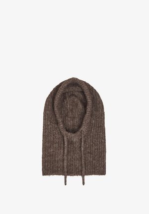 Brown knitted beanie with a thick, textured design and a cozy, extended neck area. Features drawstrings for adjustable fit.