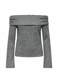 Grauer schulterfreier Pullover aus weichem Strickmaterial, mit langen �Ärmeln und einer körperbetonten Silhouette sowie einer glatten Textur.